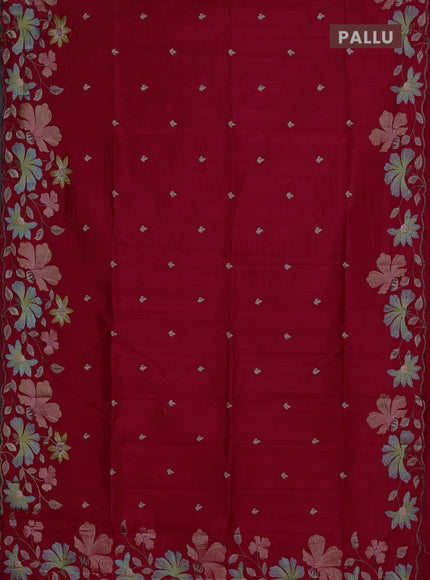 Semi raw silk saree dark pink with embroidery buttas and floral embroidery border