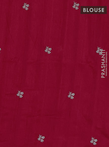 Semi raw silk saree dark pink with embroidery buttas and floral embroidery border