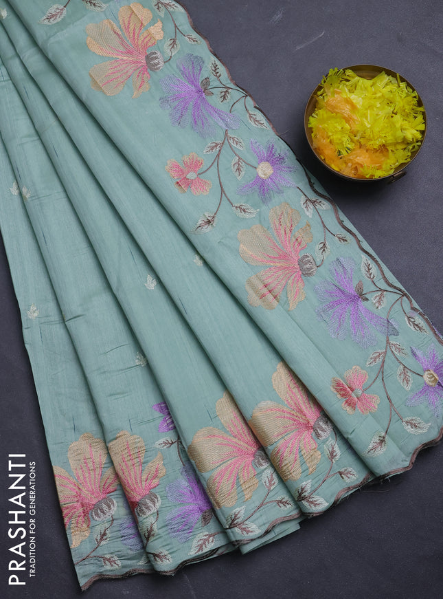 Semi raw silk saree pastel green with embroidery buttas and floral embroidery border
