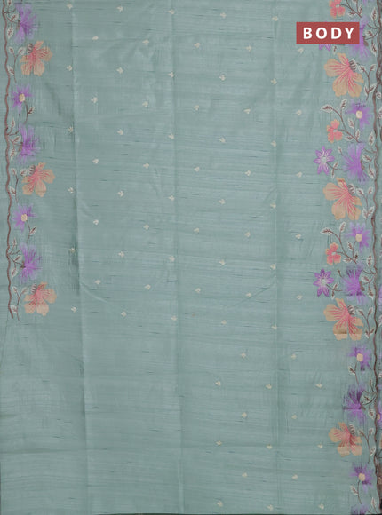 Semi raw silk saree pastel green with embroidery buttas and floral embroidery border