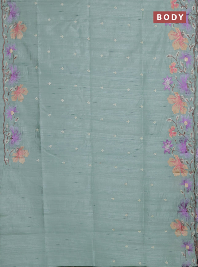 Semi raw silk saree pastel green with embroidery buttas and floral embroidery border