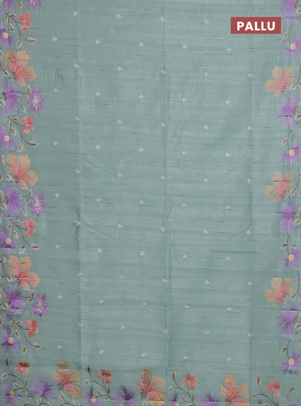 Semi raw silk saree pastel green with embroidery buttas and floral embroidery border