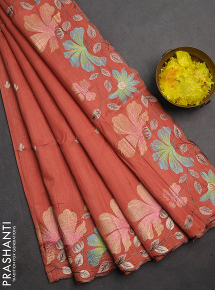 Semi raw silk saree rust shade with embroidery buttas and floral embroidery border