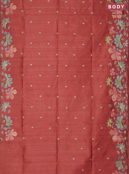Semi raw silk saree rust shade with embroidery buttas and floral embroidery border