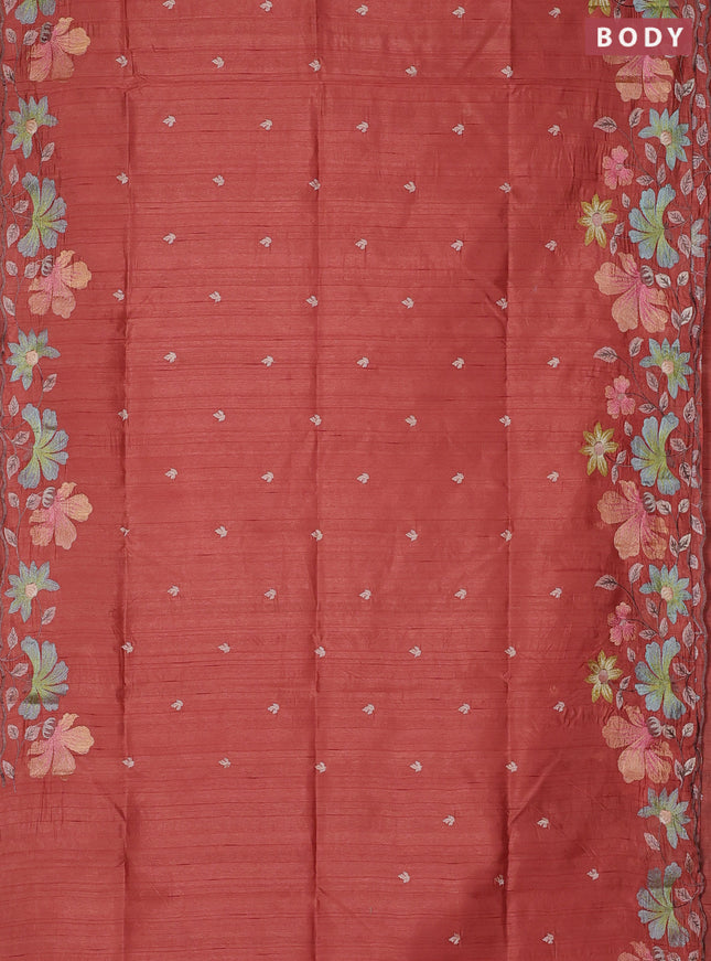 Semi raw silk saree rust shade with embroidery buttas and floral embroidery border