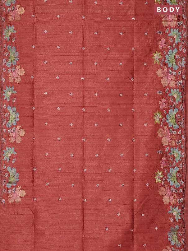Semi raw silk saree rust shade with embroidery buttas and floral embroidery border