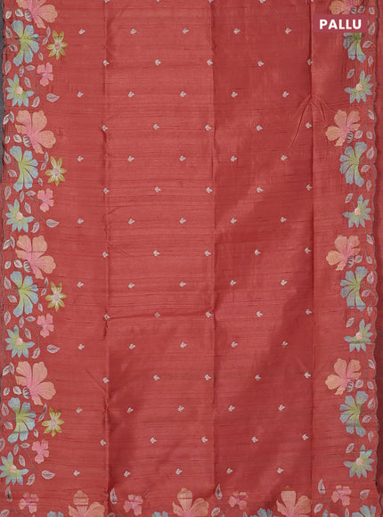 Semi raw silk saree rust shade with embroidery buttas and floral embroidery border