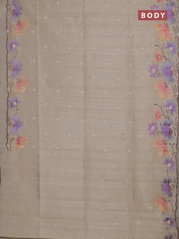 Semi raw silk saree beige with embroidery buttas and floral embroidery border