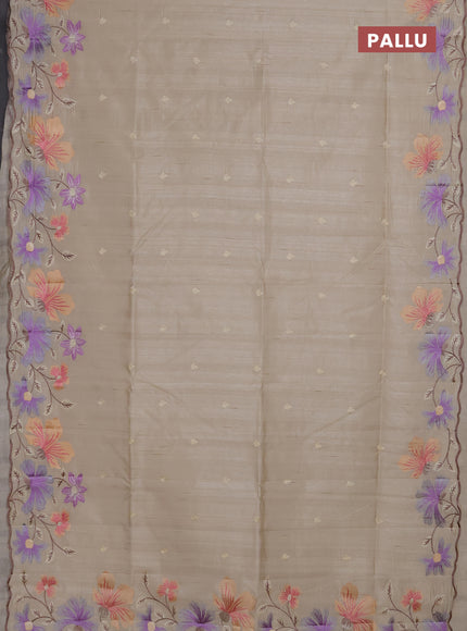 Semi raw silk saree beige with embroidery buttas and floral embroidery border