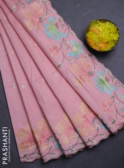 Semi raw silk saree peach shade with embroidery buttas and floral embroidery border