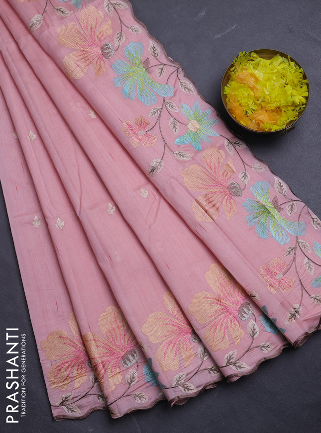 Semi raw silk saree peach shade with embroidery buttas and floral embroidery border