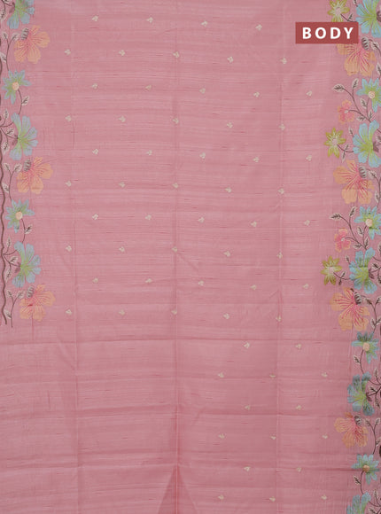 Semi raw silk saree peach shade with embroidery buttas and floral embroidery border
