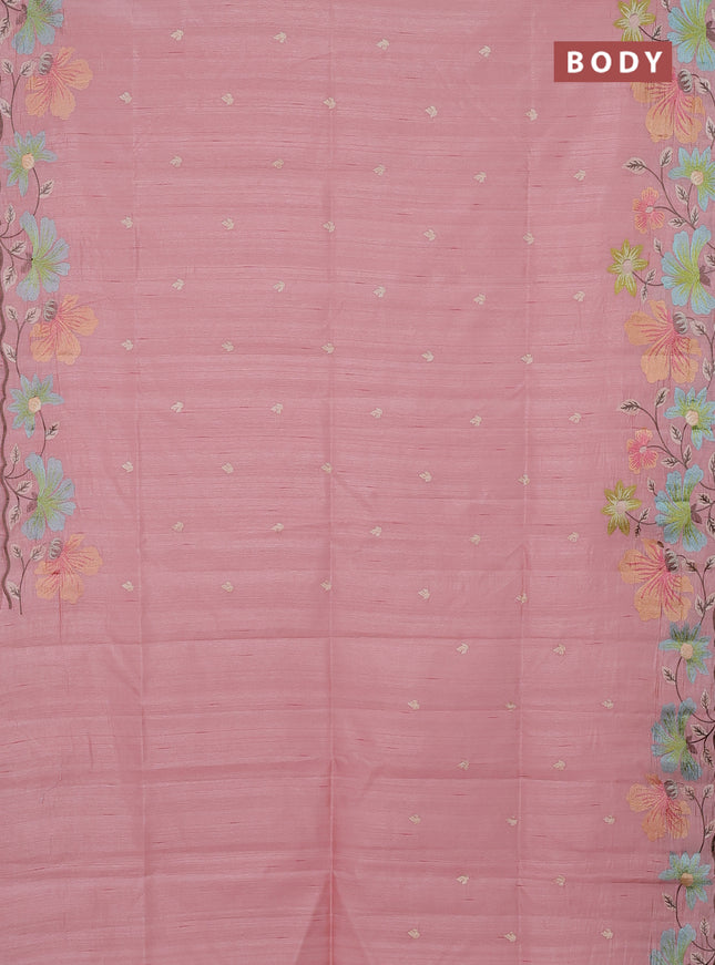 Semi raw silk saree peach shade with embroidery buttas and floral embroidery border