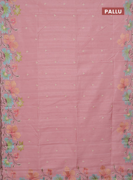 Semi raw silk saree peach shade with embroidery buttas and floral embroidery border