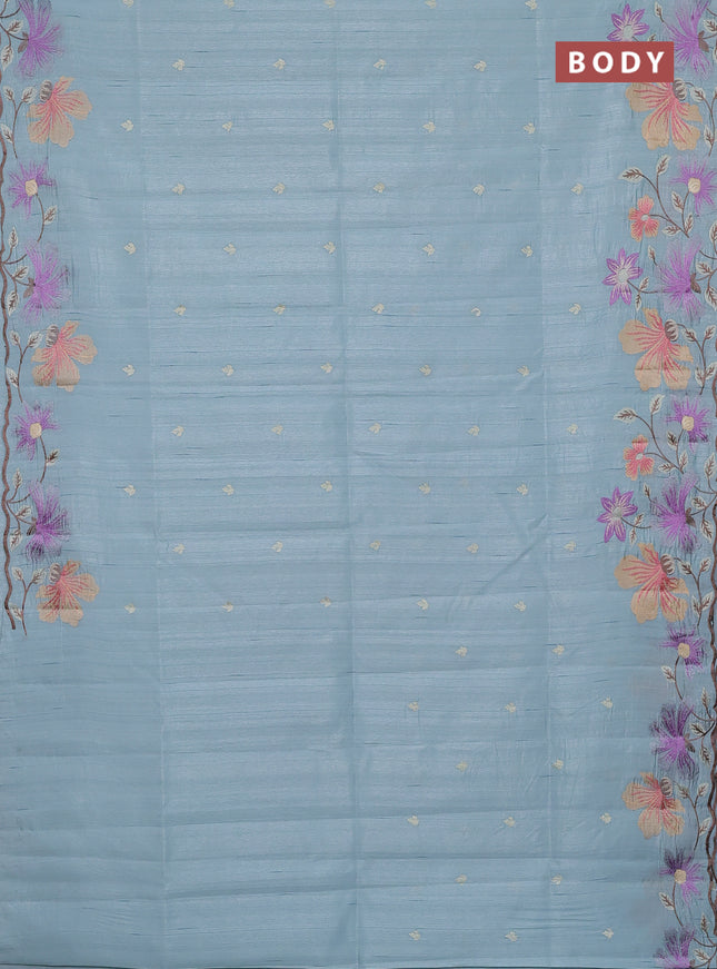 Semi raw silk saree pastel blue with embroidery buttas and floral embroidery border