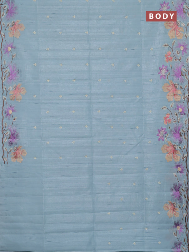 Semi raw silk saree pastel blue with embroidery buttas and floral embroidery border