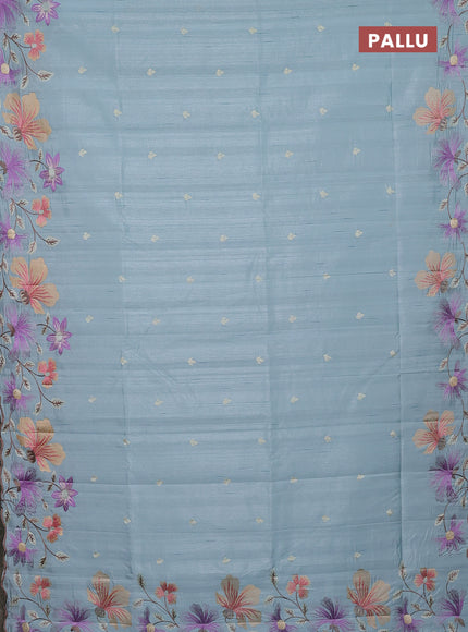 Semi raw silk saree pastel blue with embroidery buttas and floral embroidery border