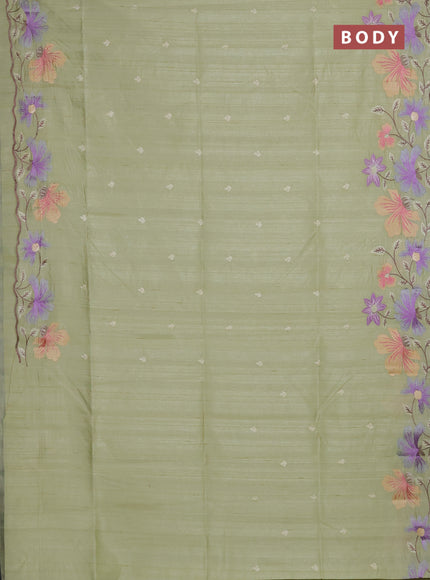Semi raw silk saree pista green with embroidery buttas and floral embroidery border