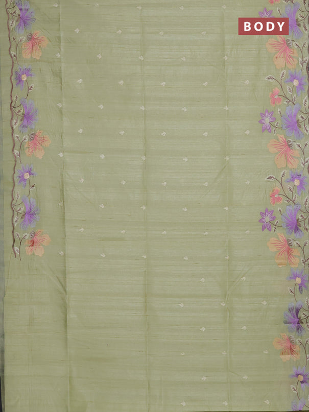 Semi raw silk saree pista green with embroidery buttas and floral embroidery border