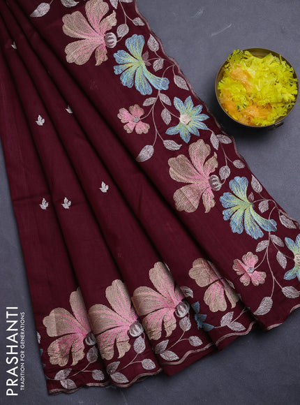 Semi raw silk saree geep maroon with embroidery buttas and floral embroidery border