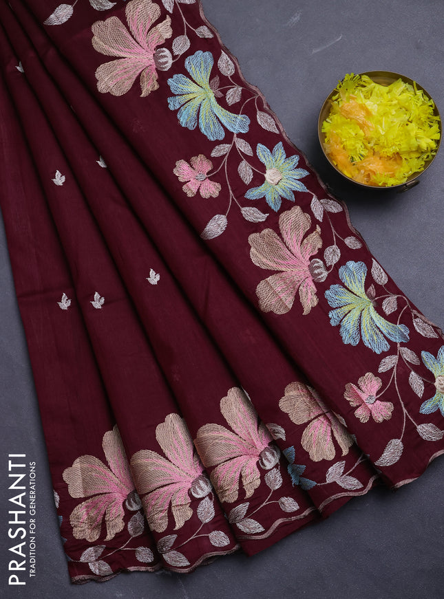 Semi raw silk saree geep maroon with embroidery buttas and floral embroidery border