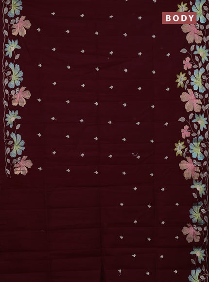 Semi raw silk saree geep maroon with embroidery buttas and floral embroidery border