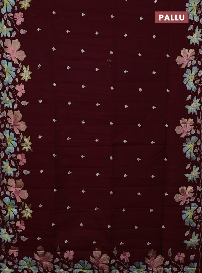 Semi raw silk saree geep maroon with embroidery buttas and floral embroidery border