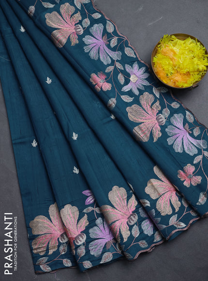 Semi raw silk saree peacock blue with embroidery buttas and floral embroidery border