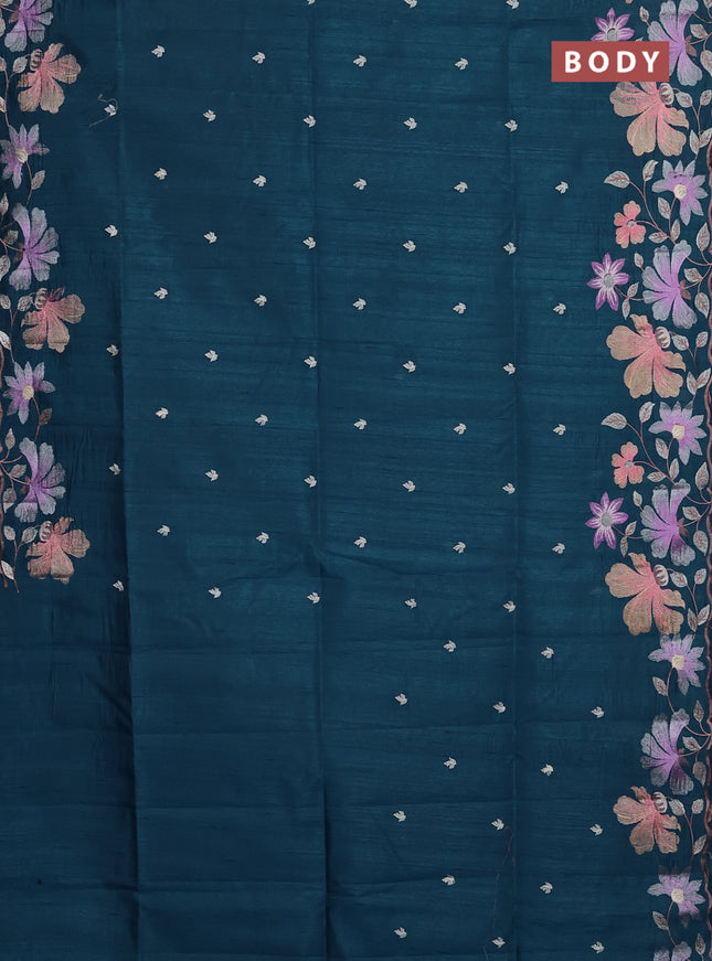 Semi raw silk saree peacock blue with embroidery buttas and floral embroidery border