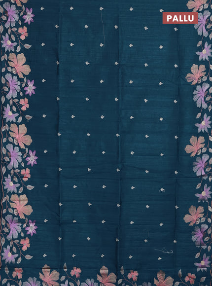 Semi raw silk saree peacock blue with embroidery buttas and floral embroidery border