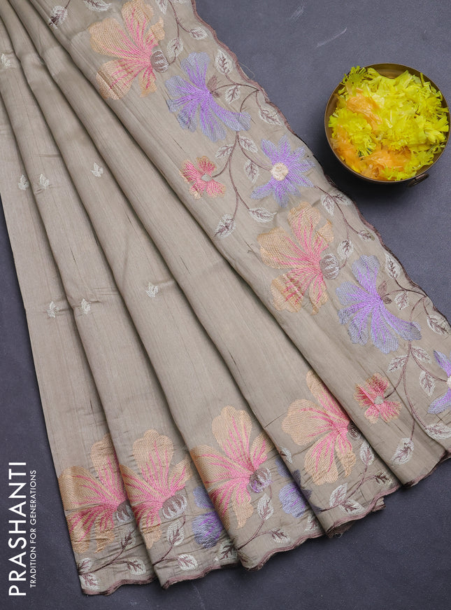 Semi raw silk saree beige with embroidery buttas and floral embroidery border