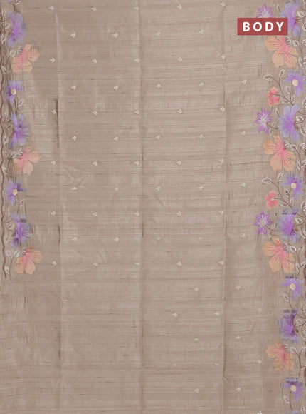 Semi raw silk saree beige with embroidery buttas and floral embroidery border