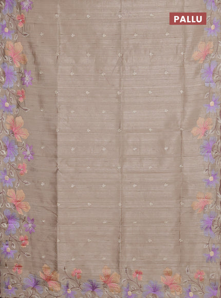 Semi raw silk saree beige with embroidery buttas and floral embroidery border