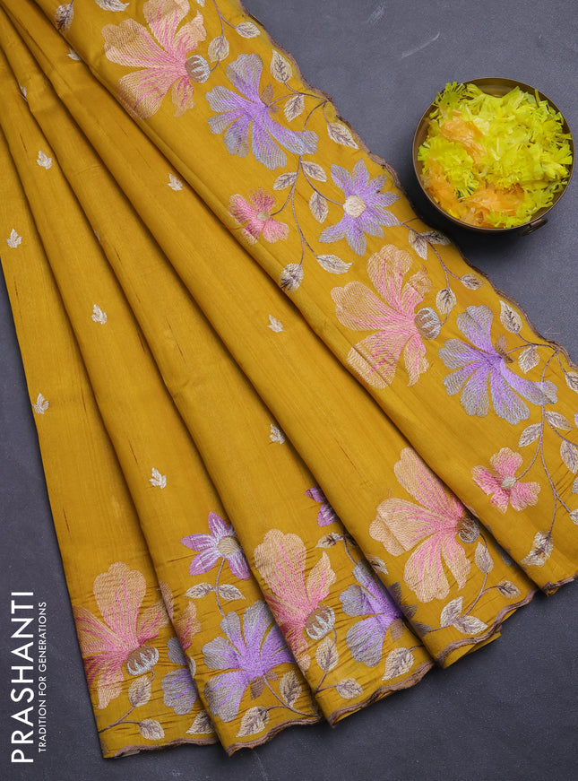 Semi raw silk saree mustard yellow with embroidery buttas and floral embroidery border