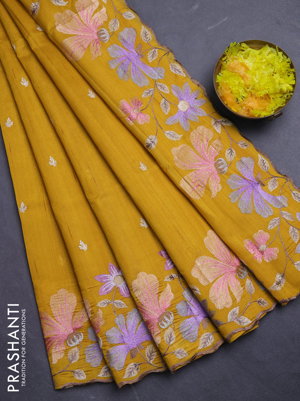 Semi raw silk saree mustard yellow with embroidery buttas and floral embroidery border