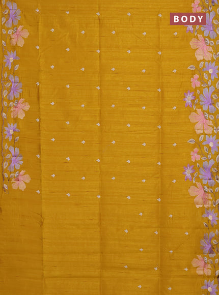 Semi raw silk saree mustard yellow with embroidery buttas and floral embroidery border