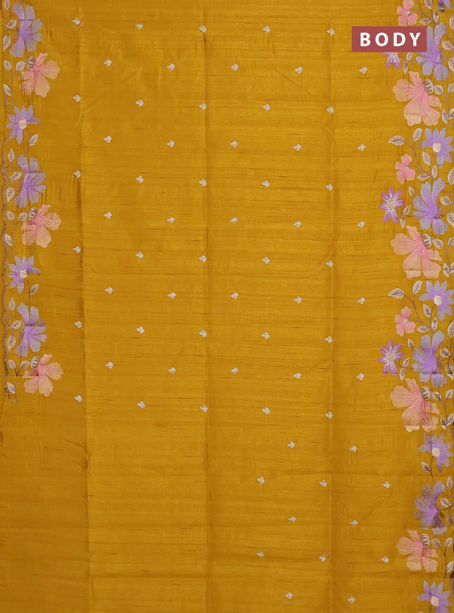 Semi raw silk saree mustard yellow with embroidery buttas and floral embroidery border