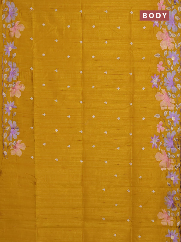 Semi raw silk saree mustard yellow with embroidery buttas and floral embroidery border