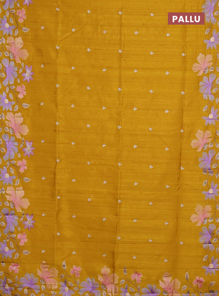 Semi raw silk saree mustard yellow with embroidery buttas and floral embroidery border