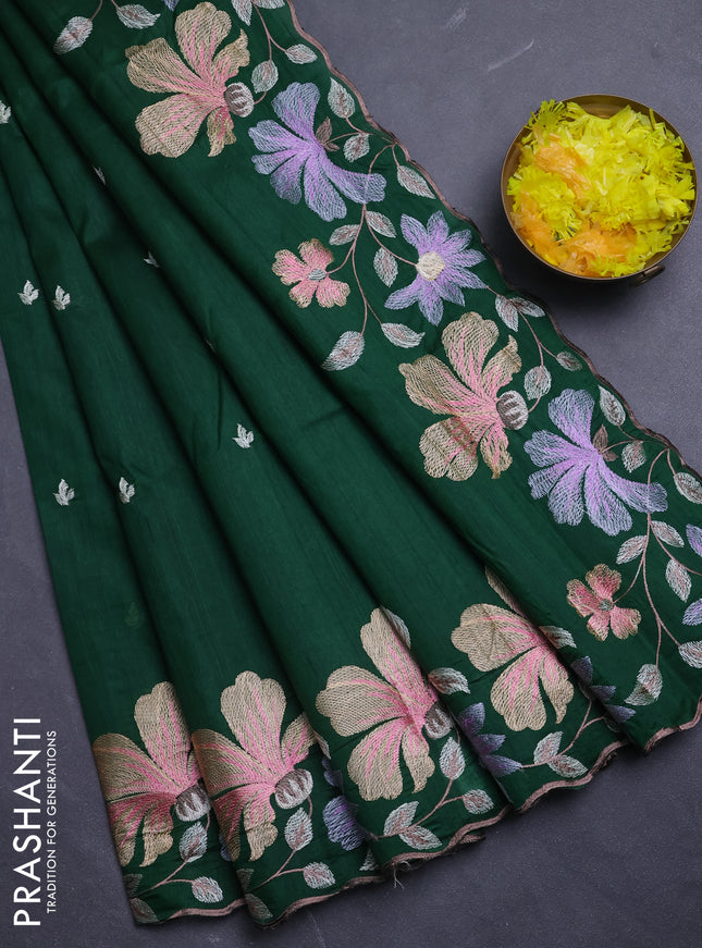 Semi raw silk saree bottle green with embroidery buttas and floral embroidery border