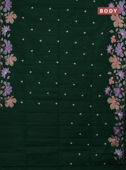 Semi raw silk saree bottle green with embroidery buttas and floral embroidery border