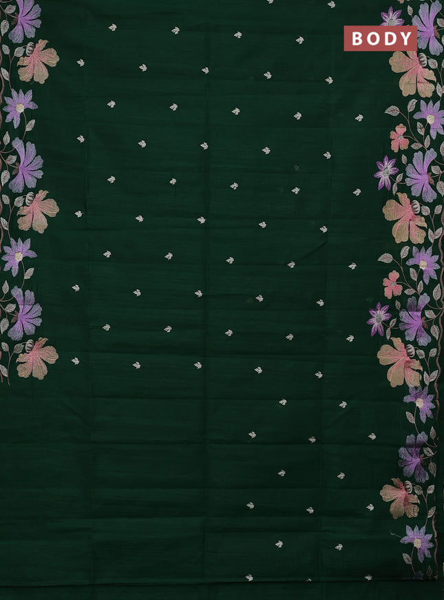 Semi raw silk saree bottle green with embroidery buttas and floral embroidery border