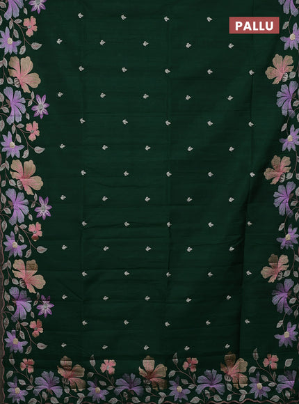 Semi raw silk saree bottle green with embroidery buttas and floral embroidery border