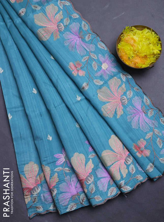 Semi raw silk saree teal blue with embroidery buttas and floral embroidery border