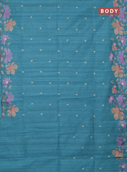 Semi raw silk saree teal blue with embroidery buttas and floral embroidery border