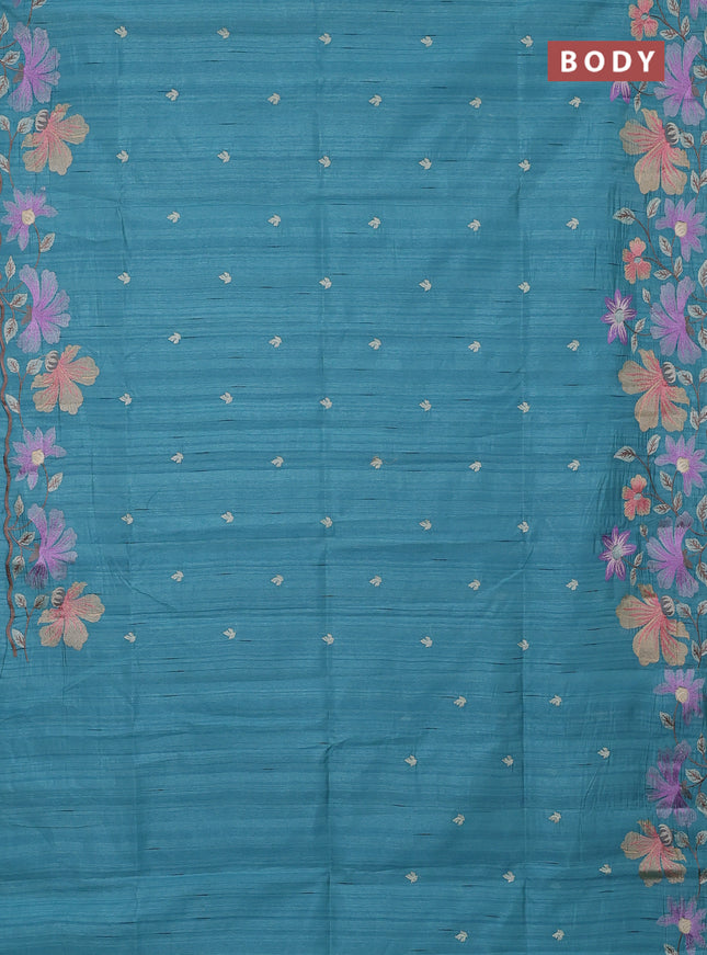 Semi raw silk saree teal blue with embroidery buttas and floral embroidery border