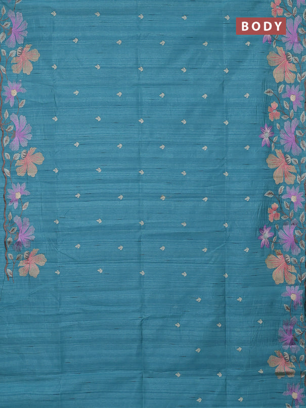 Semi raw silk saree teal blue with embroidery buttas and floral embroidery border