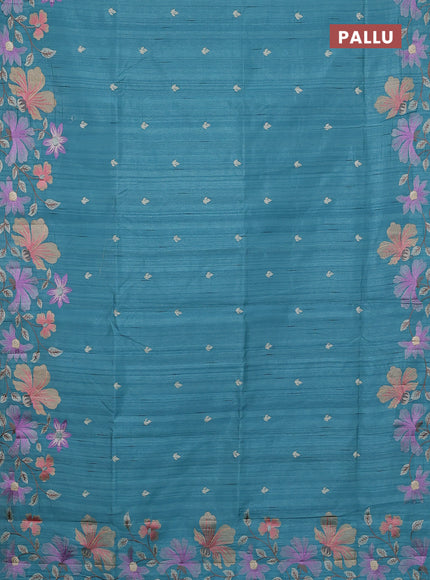 Semi raw silk saree teal blue with embroidery buttas and floral embroidery border