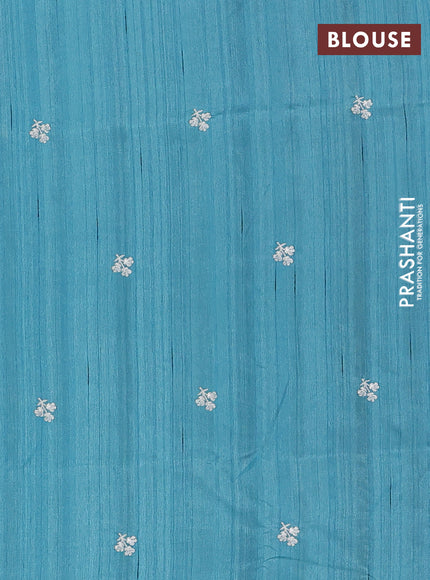 Semi raw silk saree teal blue with embroidery buttas and floral embroidery border