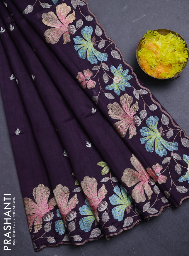 Semi raw silk saree jamun shade with embroidery buttas and floral embroidery border